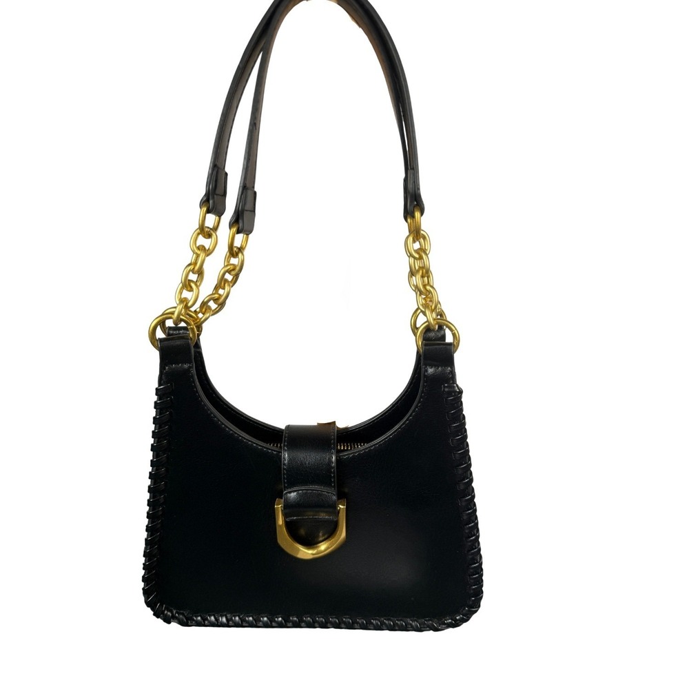 Antik Black Whipstitch Shoulder Bag Gold Chain Link Horseshoe Buckle Hobo Bag